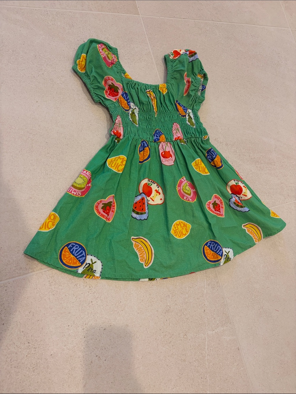 Green Smocked Kids Dress with Colorful Fruit Motifs